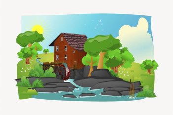 Watermill landscape sticker, environment illustration | Free PSD - rawpixel