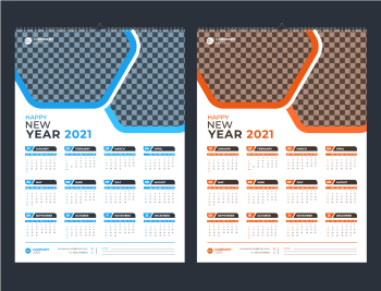 Blue and orange one page wall calendar 2021 template
