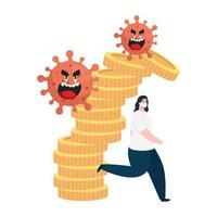 carton coronavirus emoji, red cell with face, woman running and stack coins, money cash, crisis situation Free Vector