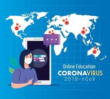 online education advice to stop coronavirus covid-19 spreading, learning online, woman student with smartphone Free Vector