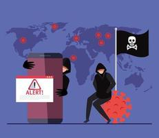 persons hacker with smartphone and alert sign during pandemic covid 19 Free Vector