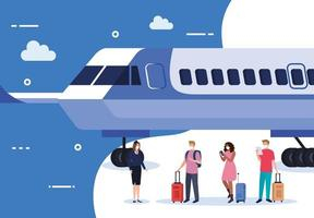 Airplane stewardess and people with medical masks and bags vector design Free Vector