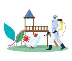 Man with protective suit spraying park toy with covid 19 virus vector design Free Vector