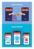 Smartphones hands holding bag credit card and icon set vector design Free Vector