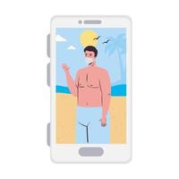 Man with swimsuit and mask at the beach in smartphone in video chat vector design Free Vector