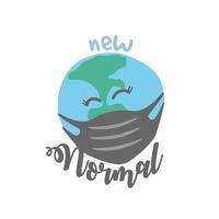 new normal lettering with happy Earth wearing a medical mask Free Vector