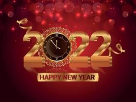 Vector illustration of happy new year 2022 golden text with golden wall clock Free Vector