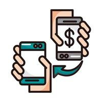 hands with smartphones devices transfer money shopping or payment mobile banking line and fill icon Free Vector