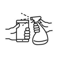 cleaning disinfection hands with spray and smartphone coronavirus prevention sanitizer products line style icon Free Vector