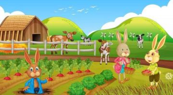 Garden scene with rabbit family cartoon character Free Vector