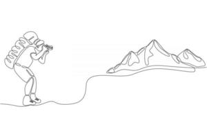 One continuous line drawn of character travel photographer with camera and backpack shooting mountains vector illustration Free Vector