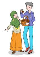 Asian muslim brother sharing fruits to his sister Free Vector