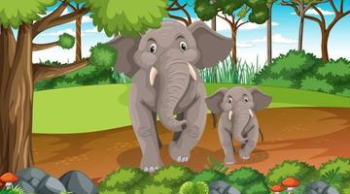 Elephant mom and baby in forest or rainforest scene with many trees Free Vector