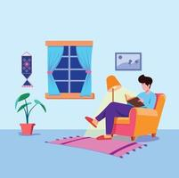 Boy reading book at home concept vector illustration Free Vector