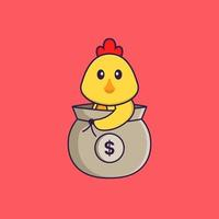 Cute chicken in a money bag. Animal cartoon concept isolated. Can used for t-shirt, greeting card, invitation card or mascot. Flat Cartoon Style Free Vector