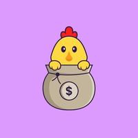 Cute chicken playing in money bag. Animal cartoon concept isolated. Can used for t-shirt, greeting card, invitation card or mascot. Flat Cartoon Style Free Vector