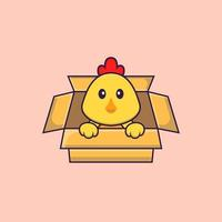 Cute chicken Playing In Box. Animal cartoon concept isolated. Can used for t-shirt, greeting card, invitation card or mascot. Flat Cartoon Style Free Vector