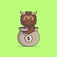 Cute bull in a money bag. Animal cartoon concept isolated. Can used for t-shirt, greeting card, invitation card or mascot. Flat Cartoon Style Free Vector