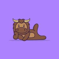 Cute bull lying down. Animal cartoon concept isolated. Can used for t-shirt, greeting card, invitation card or mascot. Flat Cartoon Style Free Vector