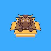 Cute bull Playing In Box. Animal cartoon concept isolated. Can used for t-shirt, greeting card, invitation card or mascot. Flat Cartoon Style Free Vector