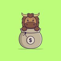 Cute bull playing in money bag. Animal cartoon concept isolated. Can used for t-shirt, greeting card, invitation card or mascot. Flat Cartoon Style Free Vector