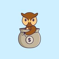 Cute owl in a money bag. Animal cartoon concept isolated. Can used for t-shirt, greeting card, invitation card or mascot. Flat Cartoon Style Free Vector