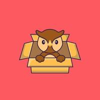 Cute owl Playing In Box. Animal cartoon concept isolated. Can used for t-shirt, greeting card, invitation card or mascot. Flat Cartoon Style Free Vector