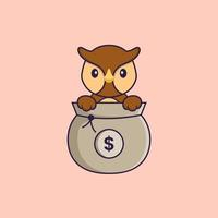 Cute owl playing in money bag. Animal cartoon concept isolated. Can used for t-shirt, greeting card, invitation card or mascot. Flat Cartoon Style Free Vector