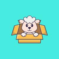 Cute sheep Playing In Box. Animal cartoon concept isolated. Can used for t-shirt, greeting card, invitation card or mascot. Flat Cartoon Style Free Vector