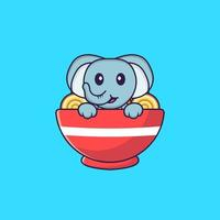Cute elephant eating ramen noodles. Animal cartoon concept isolated. Can used for t-shirt, greeting card, invitation card or mascot. Flat Cartoon Style Free Vector