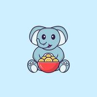 Cute elephant eating ramen noodles. Animal cartoon concept isolated. Can used for t-shirt, greeting card, invitation card or mascot. Flat Cartoon Style Free Vector