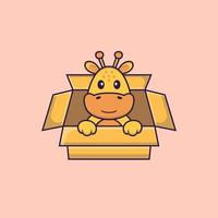Cute giraffe Playing In Box. Animal cartoon concept isolated. Can used for t-shirt, greeting card, invitation card or mascot. Flat Cartoon Style Free Vector