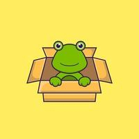 Cute frog Playing In Box. Animal cartoon concept isolated. Can used for t-shirt, greeting card, invitation card or mascot. Flat Cartoon Style Free Vector