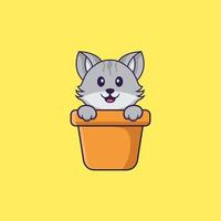Cute cat in a flower vase. Animal cartoon concept isolated. Can used for t-shirt, greeting card, invitation card or mascot. Flat Cartoon Style Free Vector