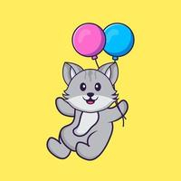 Cute cat flying with two balloons. Animal cartoon concept isolated. Can used for t-shirt, greeting card, invitation card or mascot. Flat Cartoon Style Free Vector