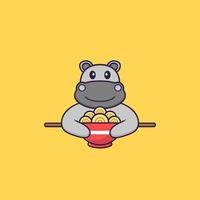Cute hippopotamus eating ramen noodles. Animal cartoon concept isolated. Can used for t-shirt, greeting card, invitation card or mascot. Flat Cartoon Style Free Vector