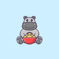 Cute hippopotamus eating ramen noodles. Animal cartoon concept isolated. Can used for t-shirt, greeting card, invitation card or mascot. Flat Cartoon Style Free Vector
