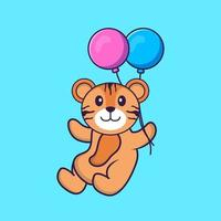 Cute tiger flying with two balloons. Animal cartoon concept isolated. Can used for t-shirt, greeting card, invitation card or mascot. Flat Cartoon Style Free Vector