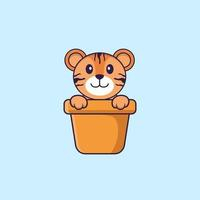 Cute tiger in a flower vase. Animal cartoon concept isolated. Can used for t-shirt, greeting card, invitation card or mascot. Flat Cartoon Style Free Vector