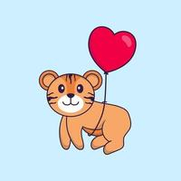 Cute tiger flying with love shaped balloons. Animal cartoon concept isolated. Can used for t-shirt, greeting card, invitation card or mascot. Flat Cartoon Style Free Vector