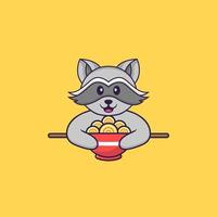 Cute racoon eating ramen noodles. Animal cartoon concept isolated. Can used for t-shirt, greeting card, invitation card or mascot. Flat Cartoon Style Free Vector