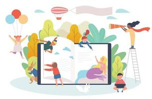 Digital book concept. Children flip through the bookshelves of huge digital devices and characters from fairy tales are popping out. Free Vector