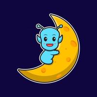 Cute alien sit on the moon cartoon vector icon illustration Free Vector