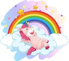 Cute unicorn laying on cloud in the pastel sky with rainbow Free Vector