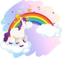 Cute unicorn in the pastel sky with rainbow Free Vector