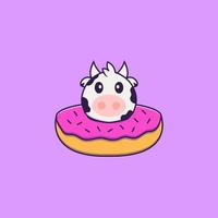 Cute cow with a donut on his neck. Animal cartoon concept isolated. Can used for t-shirt, greeting card, invitation card or mascot. Flat Cartoon Style Free Vector