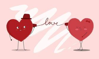 Vector illustration of two happy hearts looking at each other and talking through phone. wire of love. Lettering. Greeting card concept for Valentines Day. Share your love Free Vector