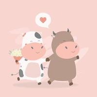 Vector illustration of two happy cow walking with each other. with flowers in hand. Greeting card concept for Valentines Day. Share your love Free Vector