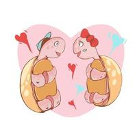Romantic greeting card with two turles. Vector Illustration of cute loving couple. Card about friendship and love. Valentine s Day card, poster or print template. Free Vector