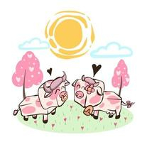 Romantic greeting card with two cows. Vector Illustration of cute loving couple. Card about friendship and love. Valentine s Day card, poster or print template. Free Vector